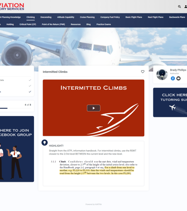 ATPL Flight planning course created by Aviation Theory Services (ATS) teaches lessons on intermitted climbs and provides examples on climbing.
